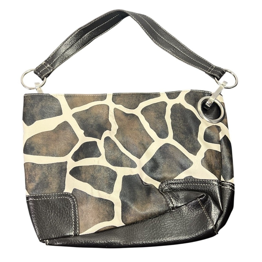 Vintage Giraffe Print Faux Fur Black Leather Hobo Shoulder Bag Handbag Purse Y2K